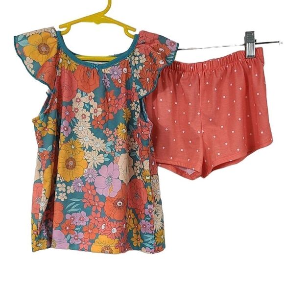Carter's Girls 5T/5 Pajama Set Coral Floral Print Top & Shorts Little Girl PJs - Picture 1 of 7
